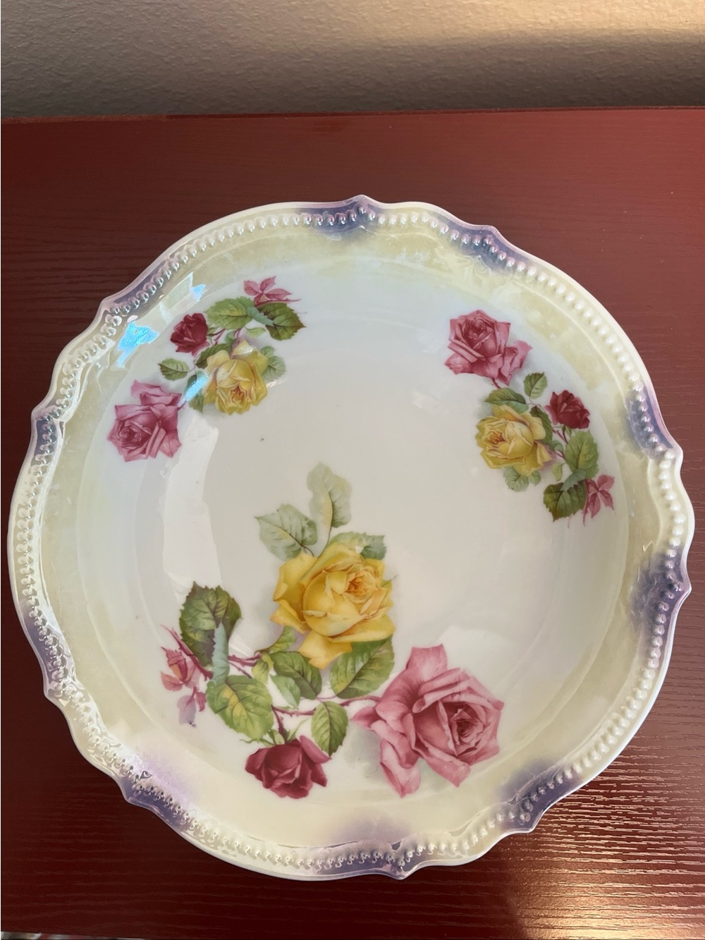 Antique P.K. Silesia Porcelain Bowl, Yellow Pink Roses, Lusterware 1886-1914